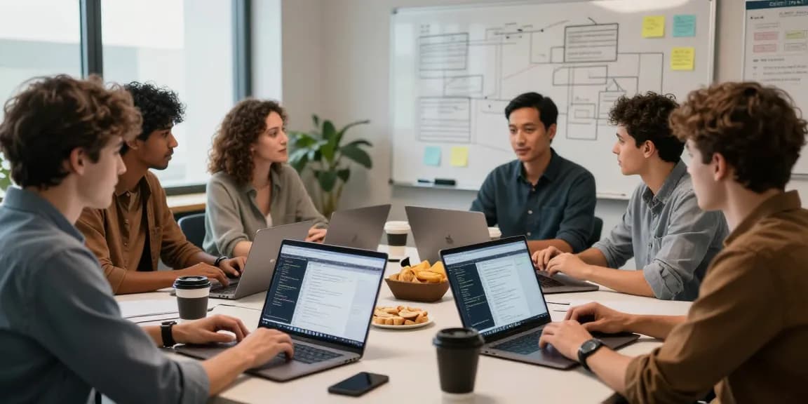Reunión de desarrollo de software donde se destaca el segundo número en las pantallas de los ordenadores.