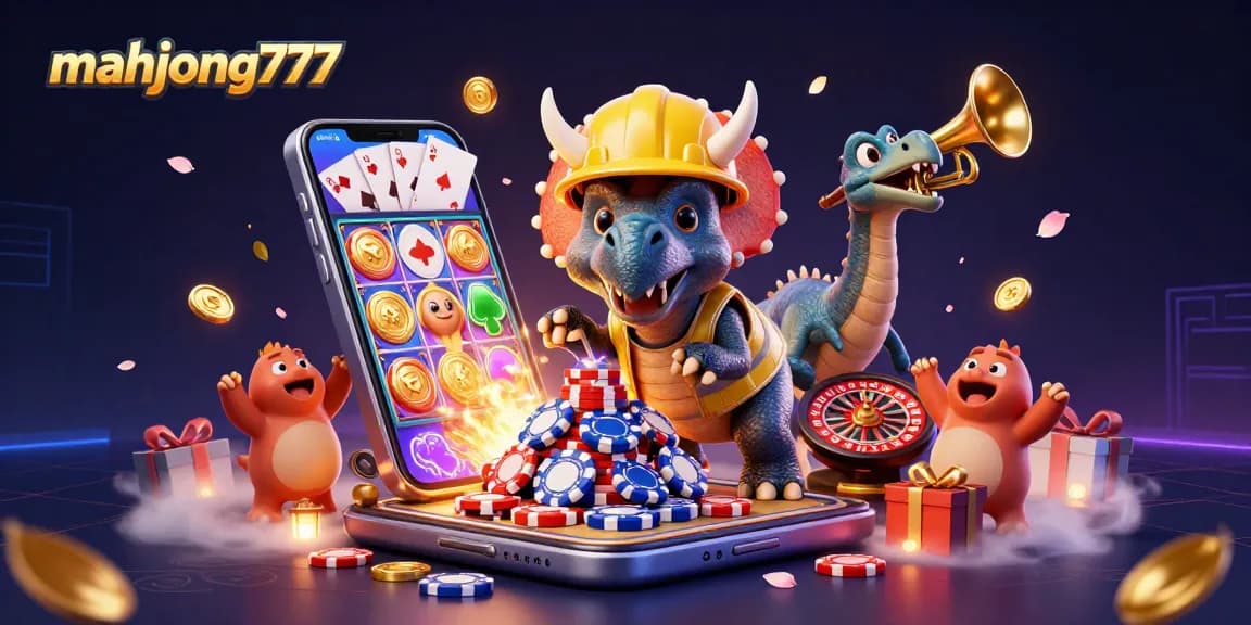 Experience big wins with mahjong777 as cheerful dinosaurs celebrate a dynamic casino scene.