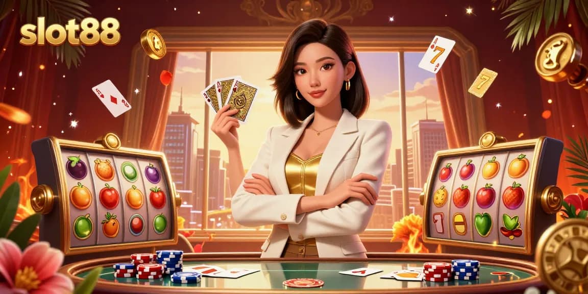 Spin the slot88 reels in this vibrant casino scene with winning cards and dynamic jackpot elements.