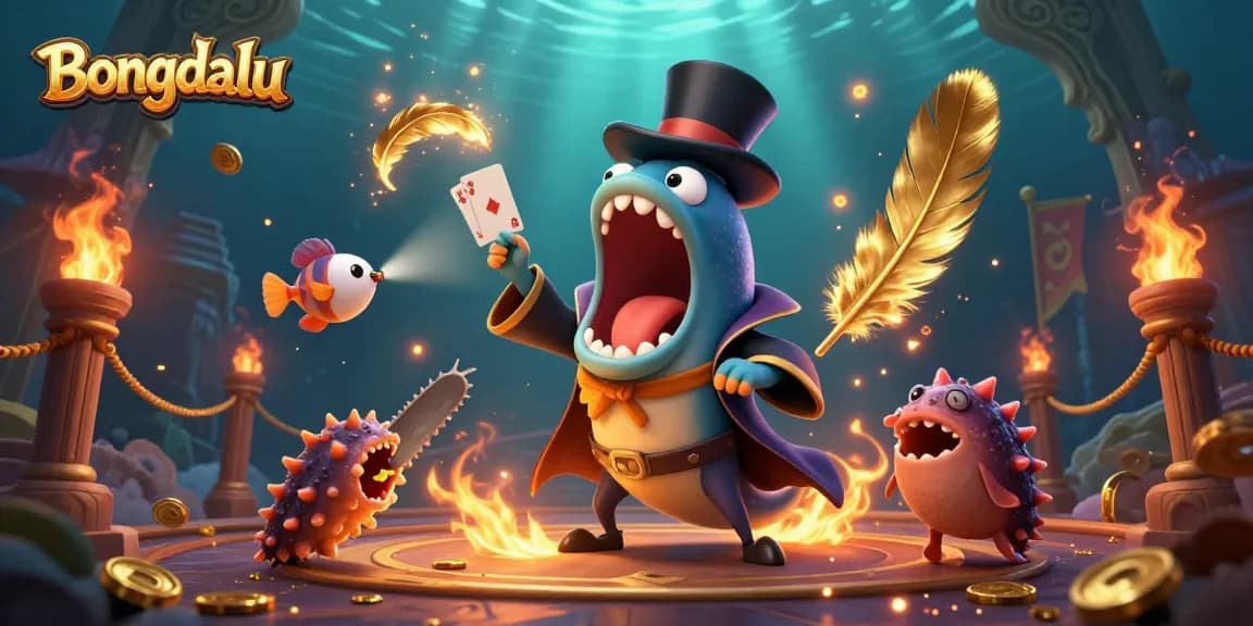 Bongdalu entertains with card tricks in a vibrant underwater casino scene, showcasing thrilling gameplay.