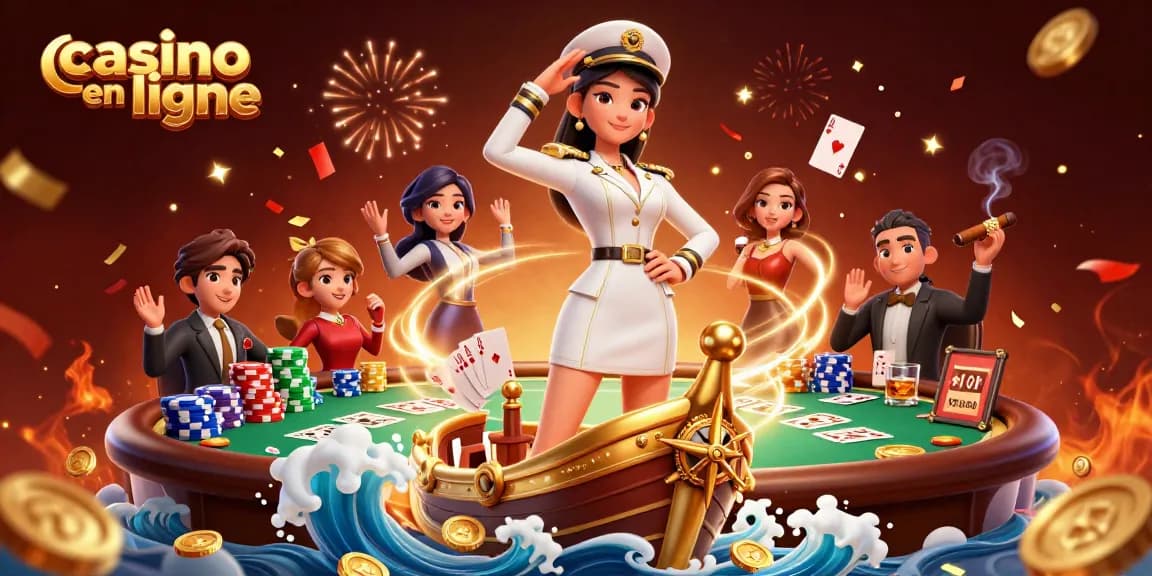 Découvrez l'action vibrante du casino en ligne avec une femme commandant la scène parmi des éléments de poker et de l'or.