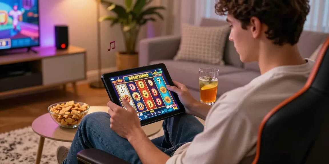 Player enjoying Great Rhino Megaways on a tablet in a cozy gaming environment with snacks.