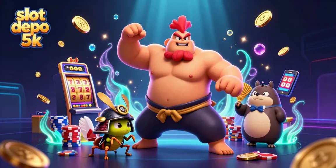 Experience the excitement of slot depo 5k with vibrant 3D characters amidst cascading coins and game elements.