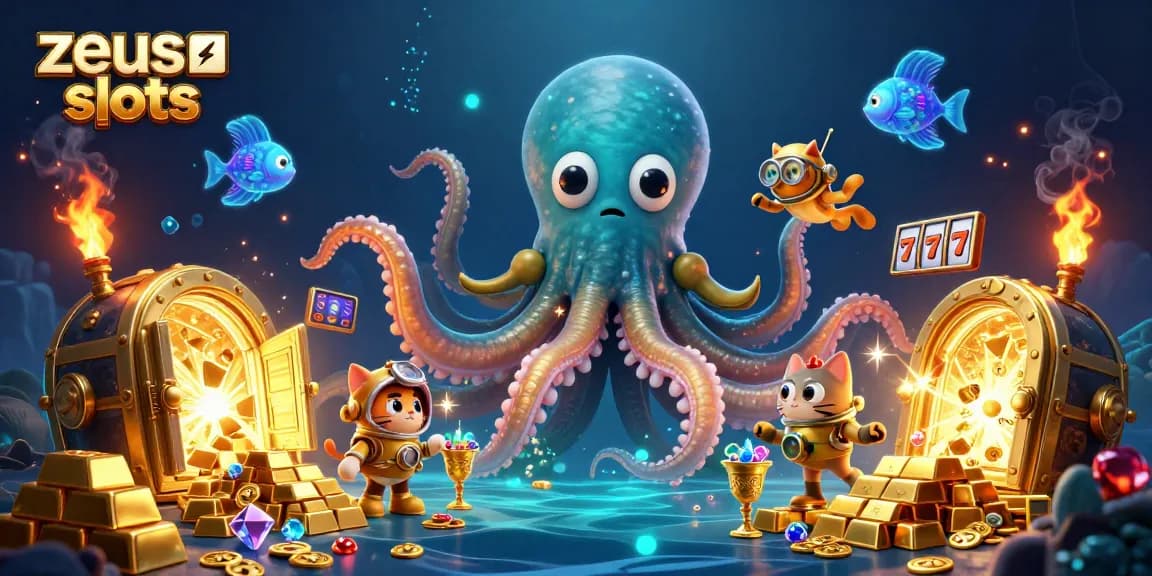 Spin and win with zeus slots featuring golden treasures and diving characters in a dynamic scene.