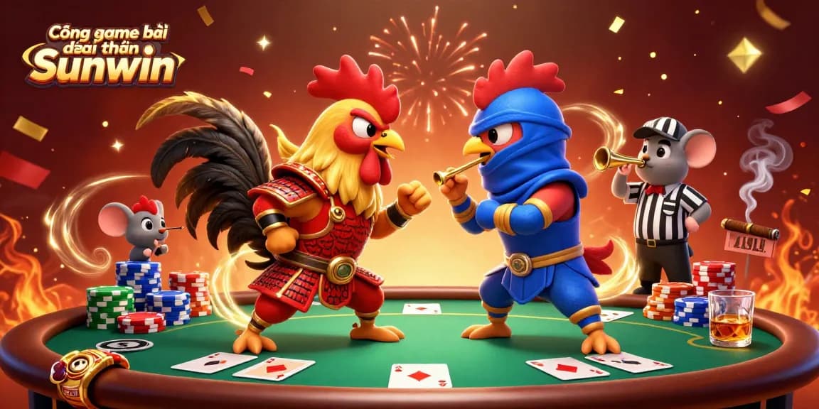 Engage in the excitement of Cổng game bài đổi thưởng Sunwin with thrilling rooster showdown and poker elements