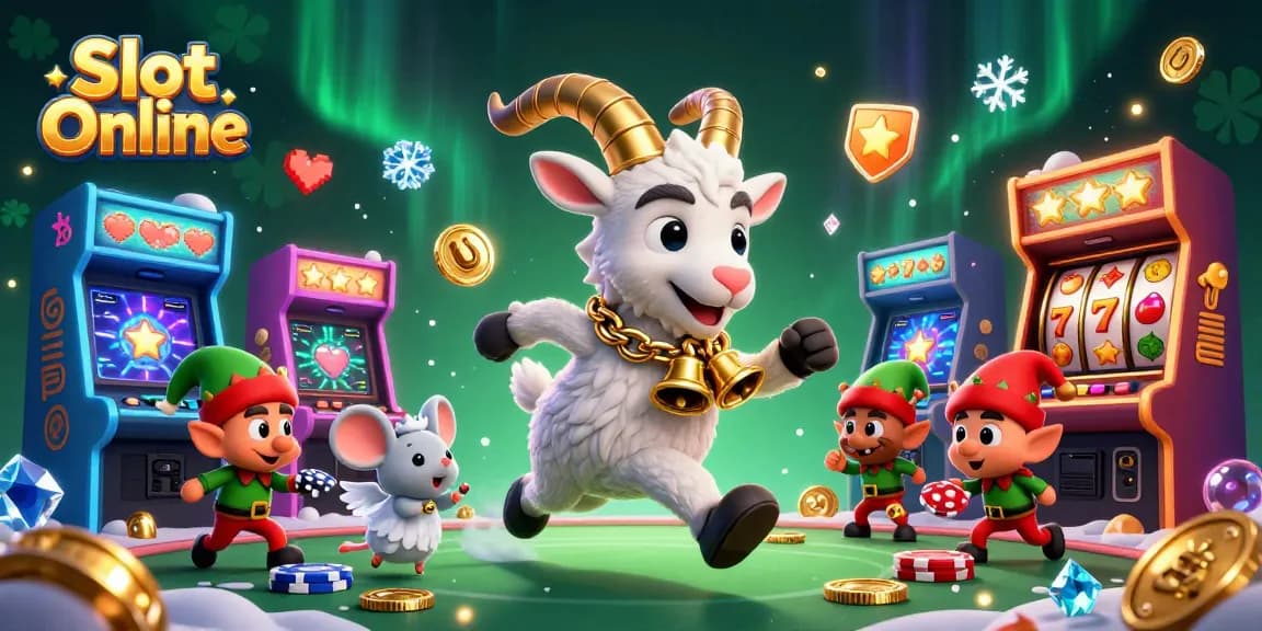 Experience thrilling Slot Online gameplay with a lively Krampus goat and playful characters in a vibrant casino.