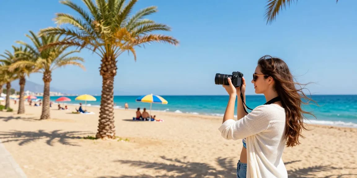 Weather in Antalya: Vibrant beach scene with traveler enjoying sunny day on turquoise coast.