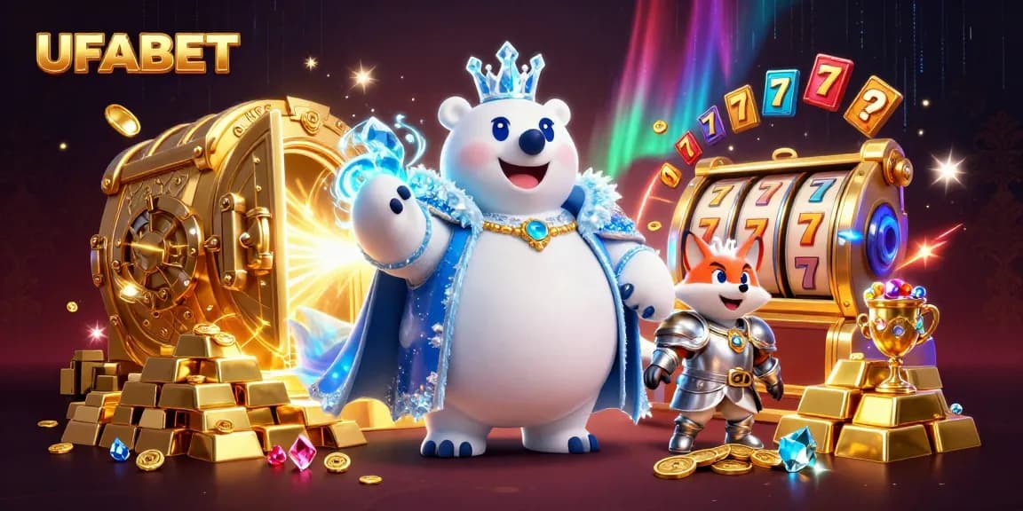Experience excitement at UFABET with colorful slot reels and treasures in this vibrant illustration.
