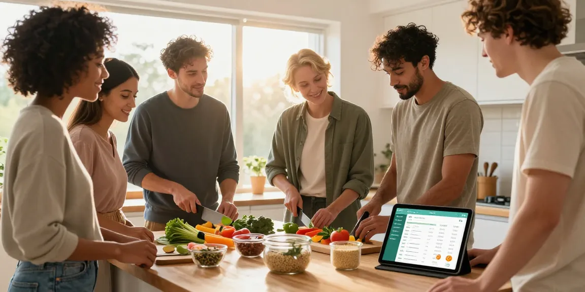 Group meal prepping in a bright kitchen while using the best food tracker app.