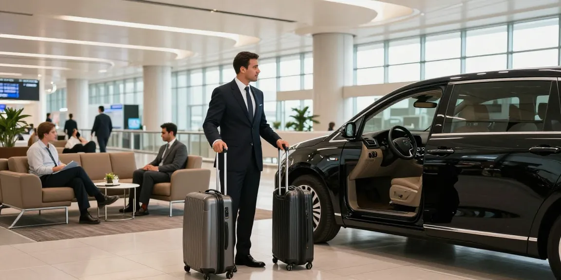 Luxury airport drop off Dubai scene showing a traveler met by a professional chauffeur in a modern terminal.