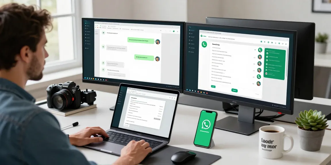 Engaged user on WhatsApp網頁版 in a modern workspace, showcasing productivity tools and chat interface.