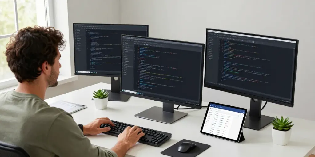 Focused programmer coding open-source Android apps at h5.2113.net in a modern workspace.