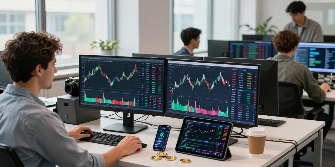 Dynamic cryptocurrency trading scene analyzing markets at https://crypto-reviews.ru/okx-v-kazahstane/ with expert trader and multiple screens