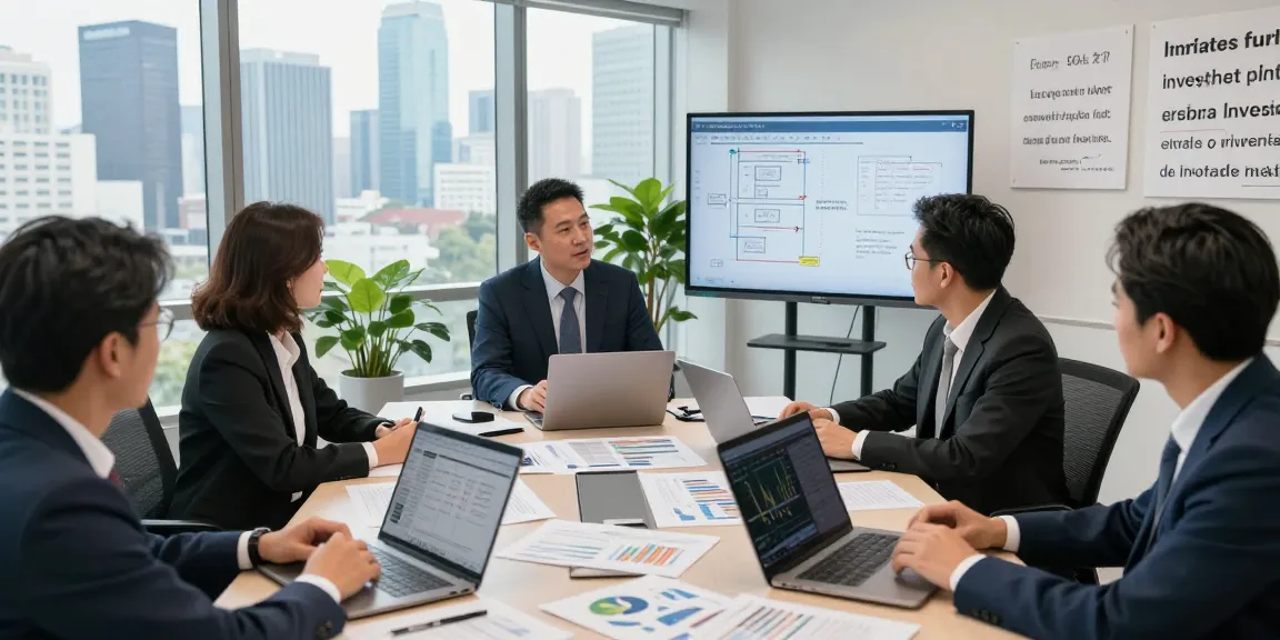 Terry Hui leading a real estate investment strategy meeting with a professional team, showcasing investment reports and data analysis.