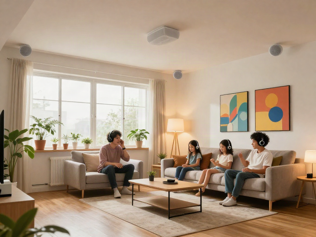 خرید اسپیکر سقفی in a stylish living room setup with family enjoying music from modern ceiling speakers.