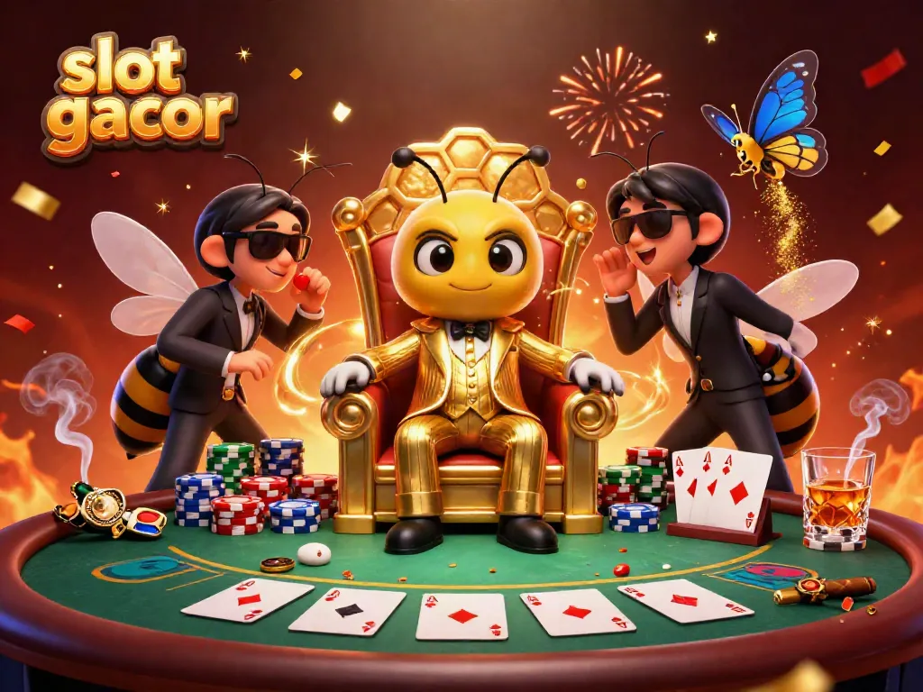 Experience the thrill of slot gacor with a cartoon bumblebee mob boss at an energetic poker table.