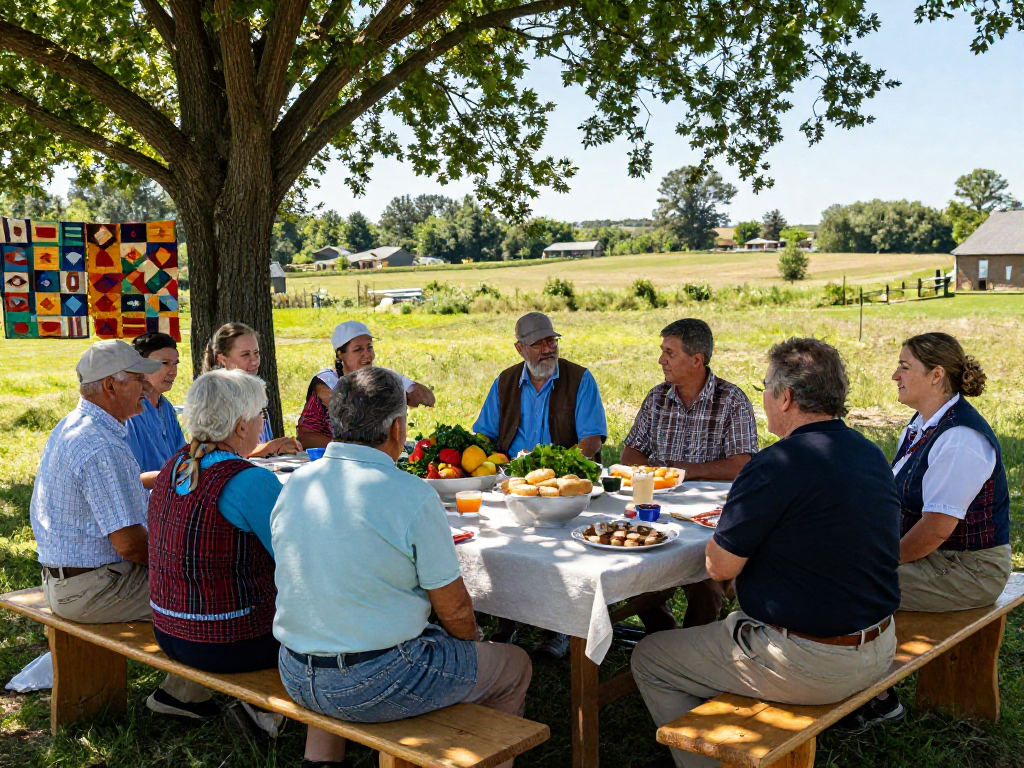 Community gathering highlighting Mennonite doctrine principles in a serene countryside setting.