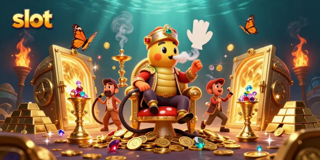 Slot modern gacor, ilustrasi kasino 3D dengan simbol permainan dan koin emas berkilau.