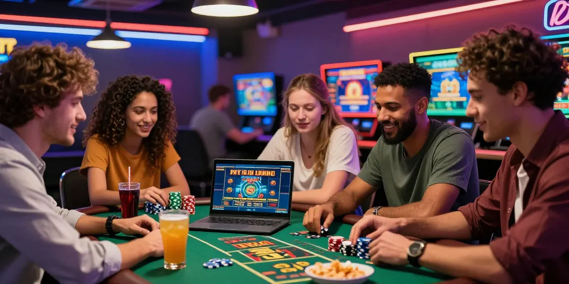 Amitiés profitant d'une soirée de jeux de casino en ligne palpitante avec des jetons colorés et des collations.