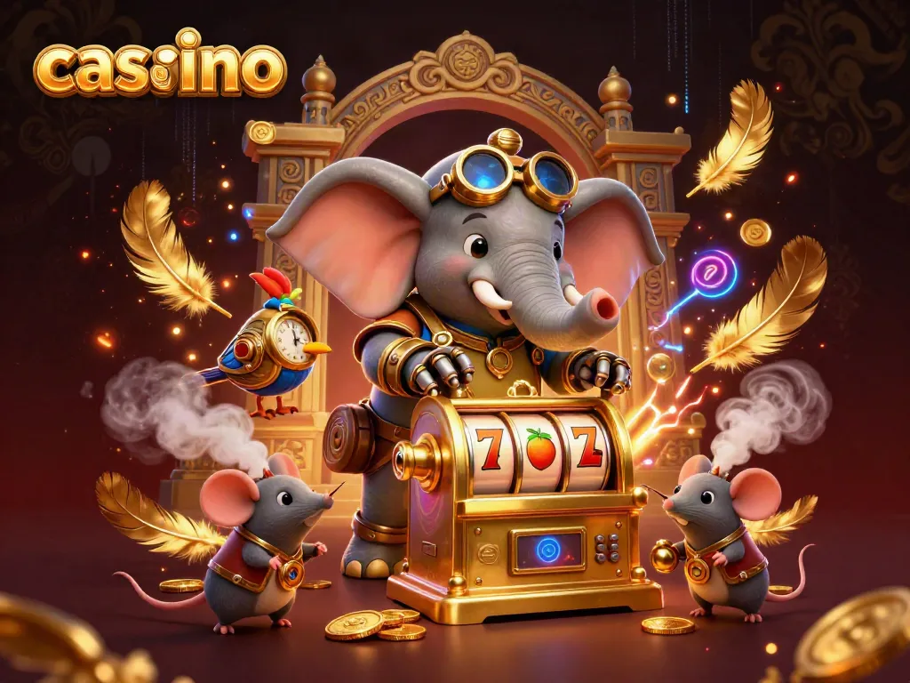 3D steampunk elephant operating a golden slot machine surrounded by casino-themed elements.