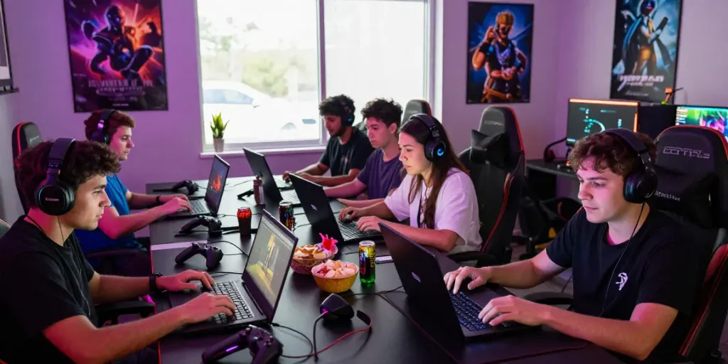 Group of players enjoying online gaming at mposlot in a vibrant atmosphere.