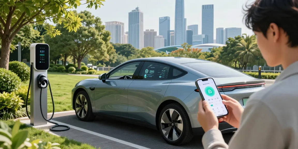 Exploring EV technology with a sleek electric vehicle at a charging station surrounded by greenery