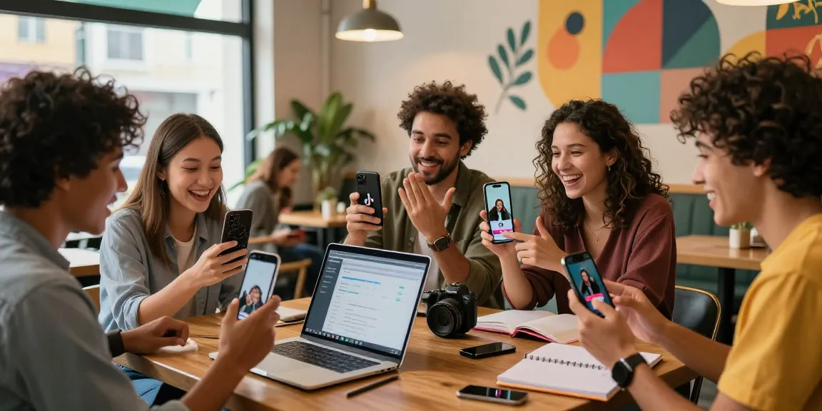 Engaged group discussing how to buy TikTok views package in a vibrant café setting.