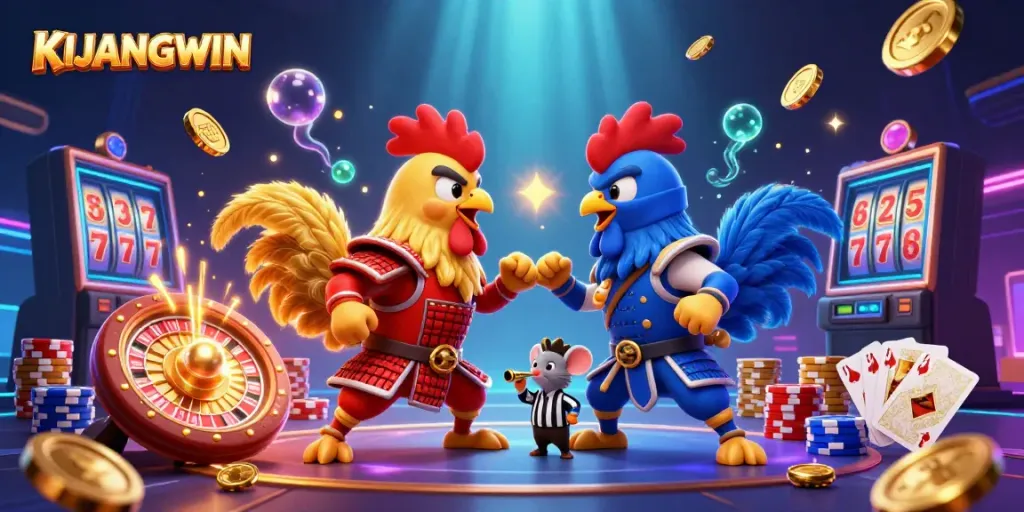 Gali kemenangan dengan KIJANGWIN saat ayam petarung mengadu di arena, dikelilingi emas dan permata.