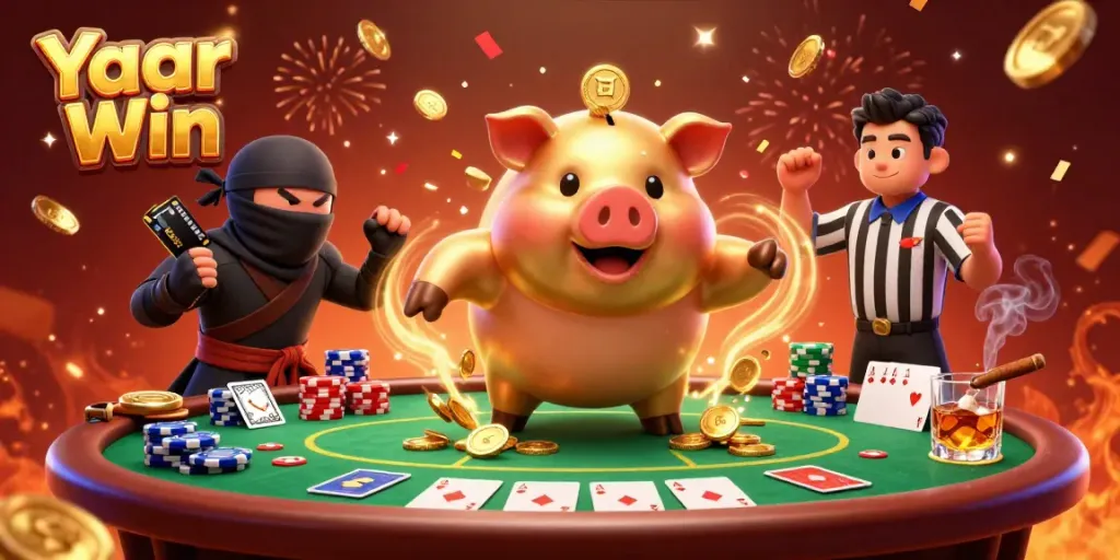 Yaar Win characters celebrate with coins and poker games while showcasing energetic gameplay.