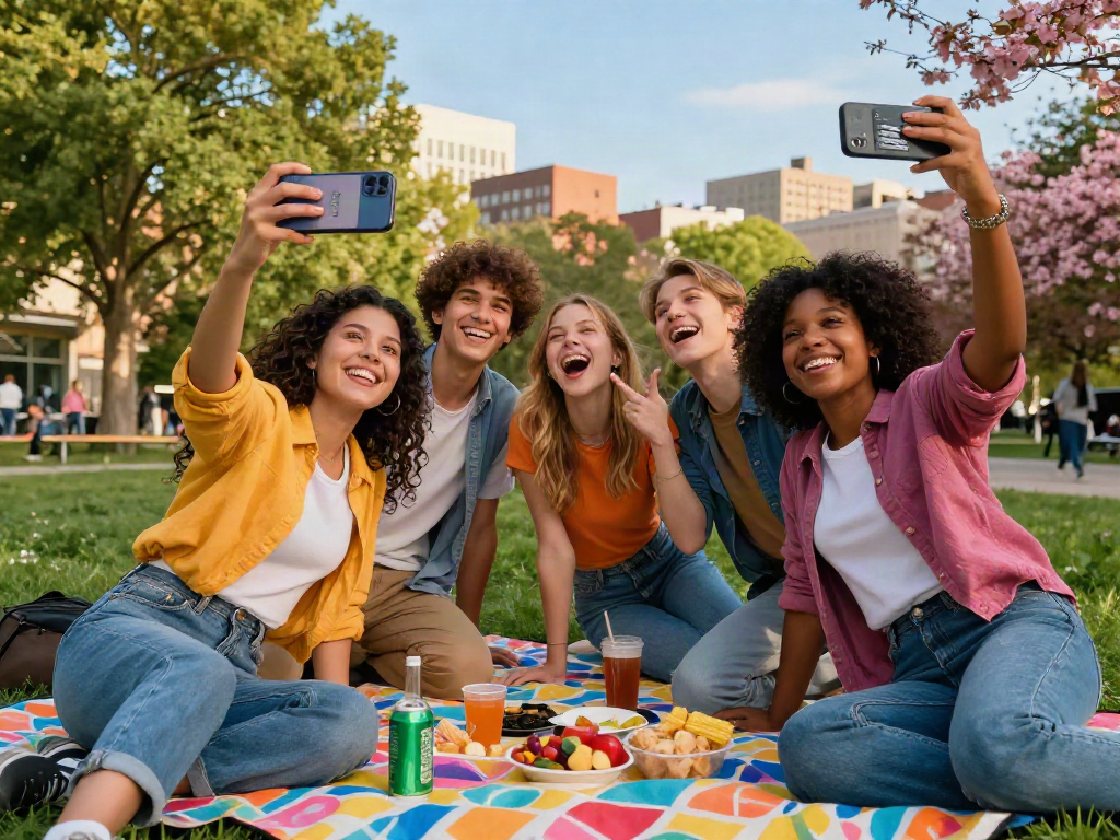 Youthful friends enjoying an outdoor selfie while taking an attractiveness test.