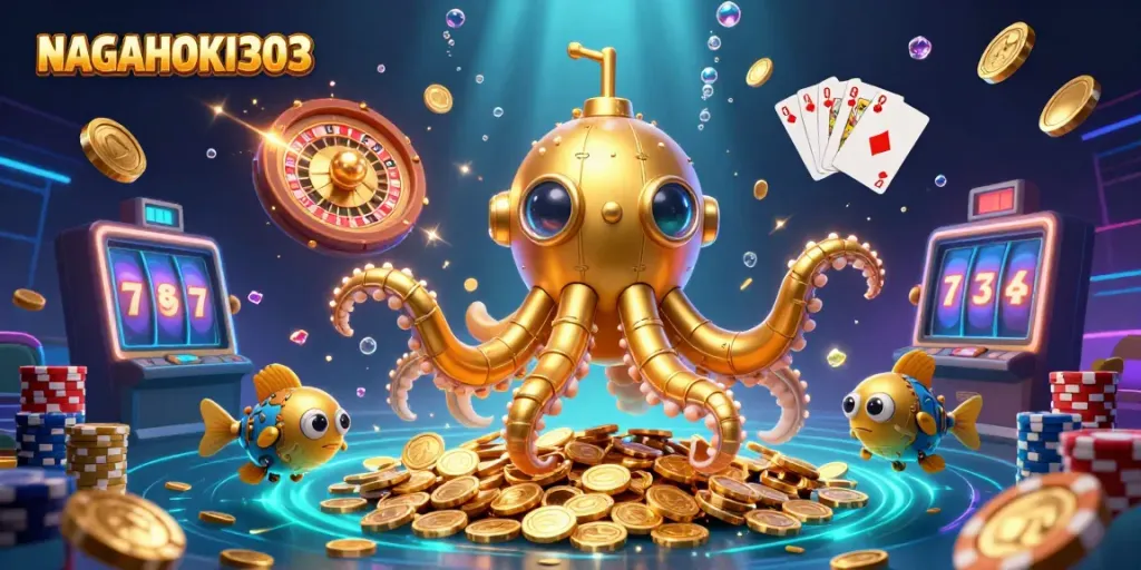 NAGAHOKI303 menyelami lautan koin emas dengan kapal kraken dan ikan mekanis, penuh pesona kasino.