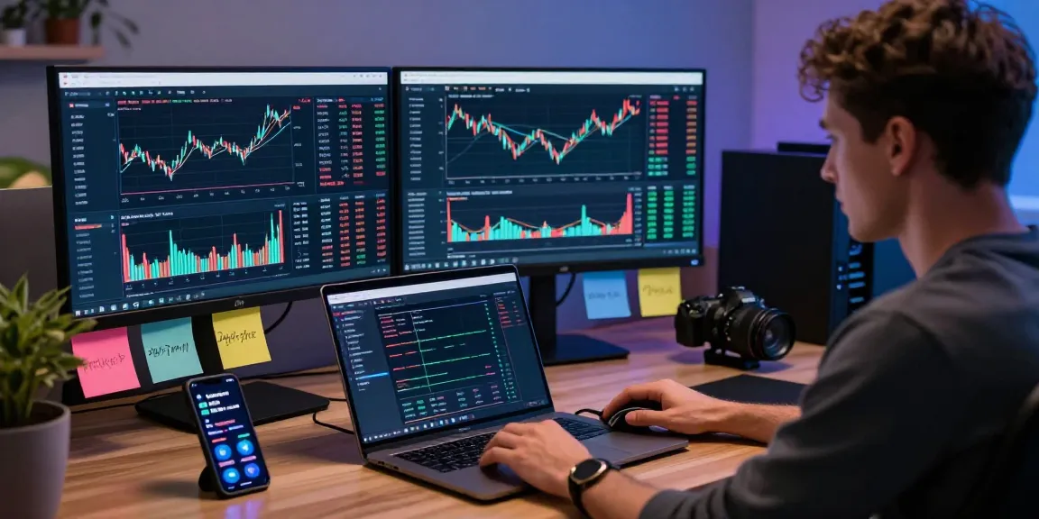 Trader analyzing OKX reviews and market data at a modern cryptocurrency workstation, highlighting an engaging digital finance atmosphere.