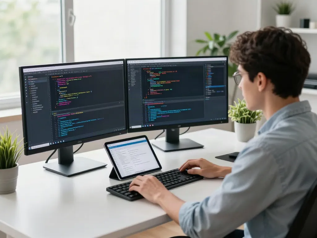 v2rayN software developer coding at a modern workspace with dual monitors and natural lighting.
