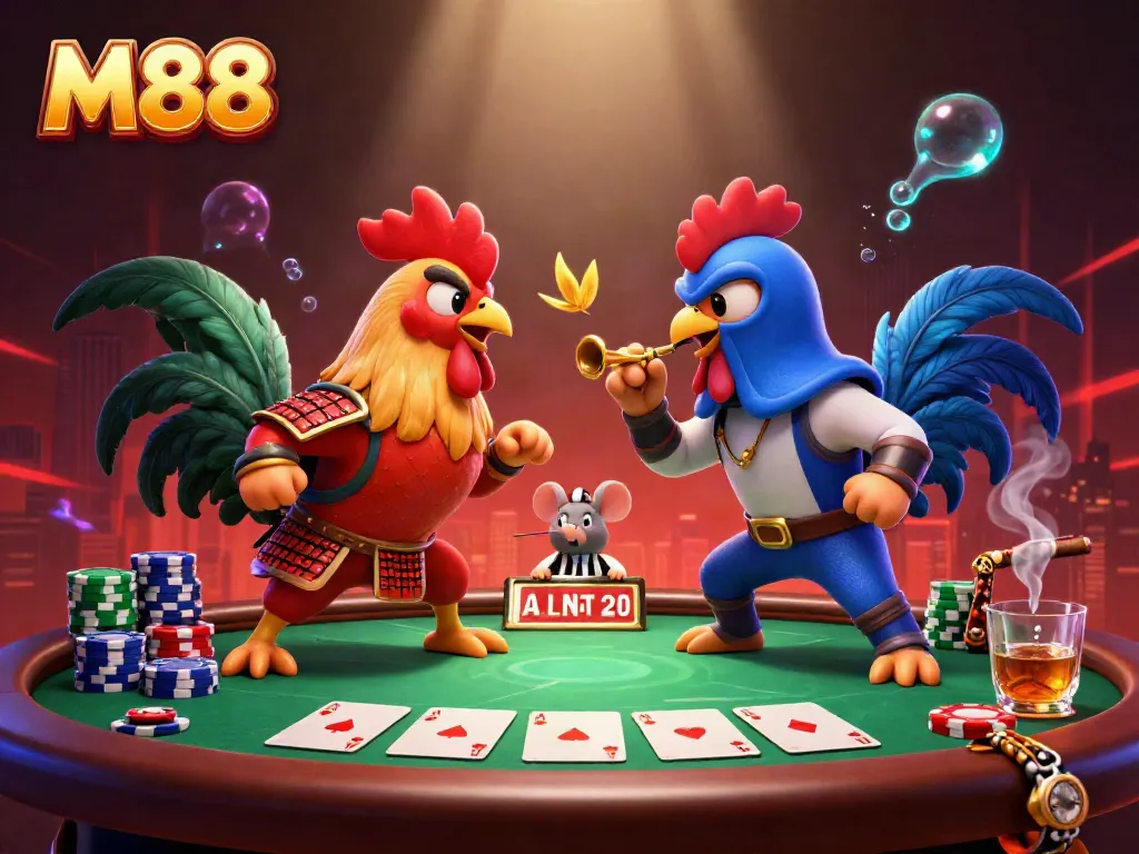 Compete in thrilling poker with M88 and cartoon fighting roosters in an action-packed 3D scene.