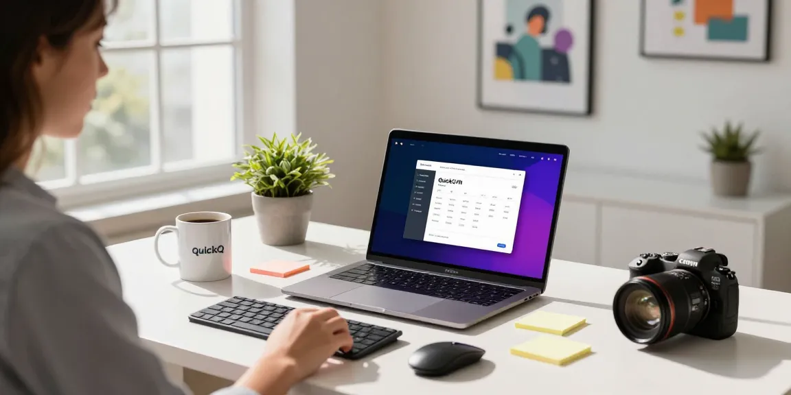 专注的专业人士在现代家办公桌上使用 QuickQ VPN，周围环绕着充满活力的装饰。
