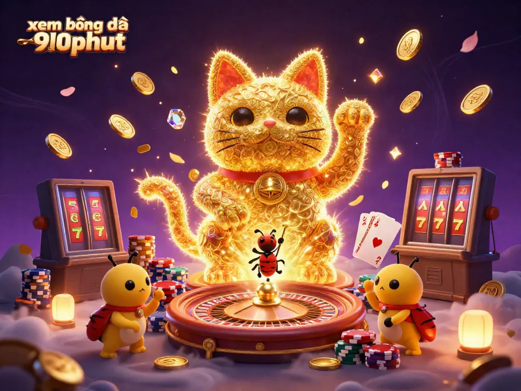 Experience xem bóng đá online 90phut with golden fireflies and casino elements in a vibrant 3D scene.