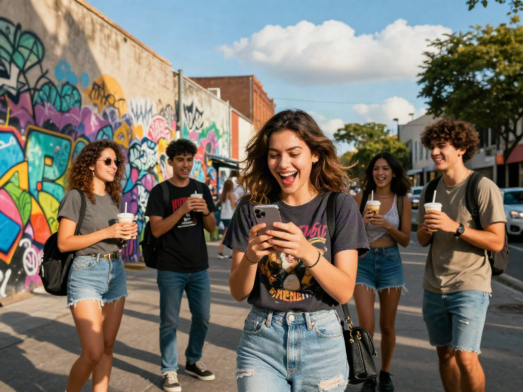 Young friends joyfully comparing their celebrity look alike results in a vibrant urban setting.