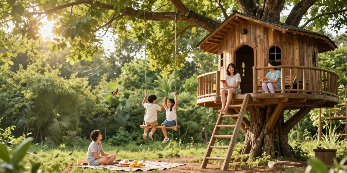 Family enjoying treehouses in a lush green forest setting, with kids playing and parents relaxing.