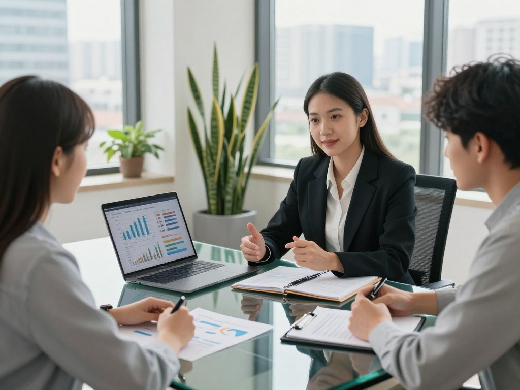 Young couple consulting a financial advisor at https://koperasisantun.com/ reviewing investment strategies in a modern office