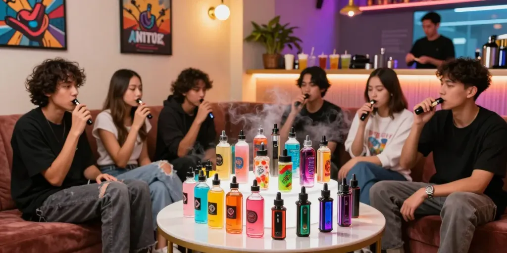 Vibrant vape lounge with diverse individuals enjoying vape e liquid in a modern setting.
