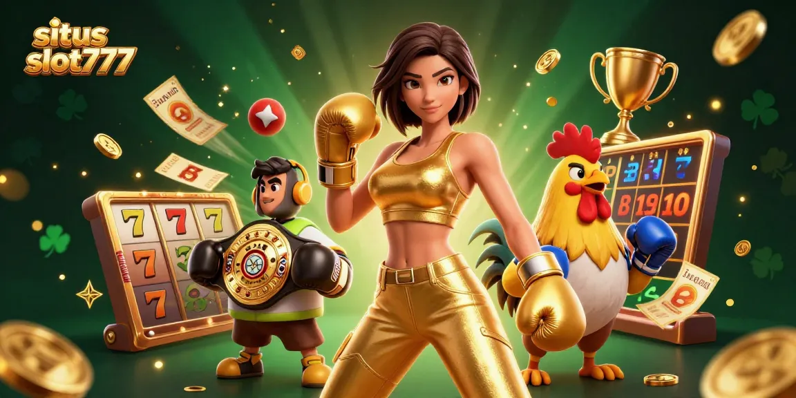 Situs slot777 features an athletic woman and a championship rooster in a vibrant online casino scene.