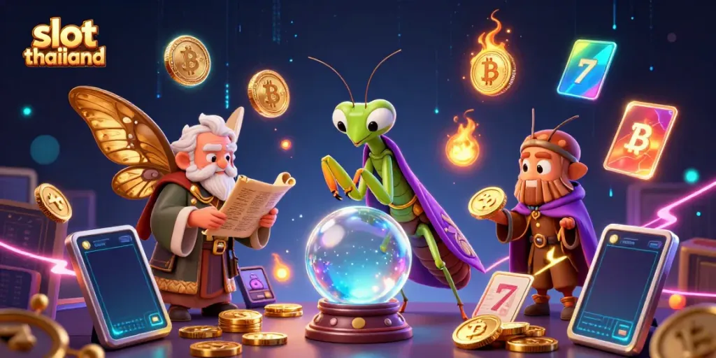 Experience thrilling slot action with a mystical scene featuring slots, vibrant characters, and neon elements in slot thailand.