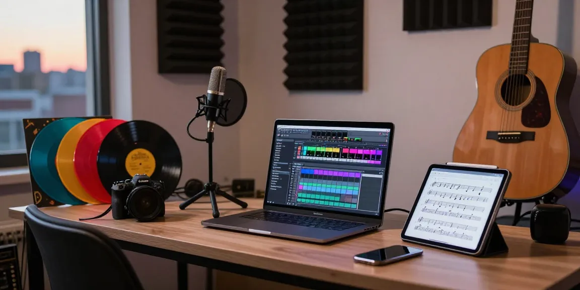 Dynamic scene illustrating domain name registration in a creative music studio with digital tools, enhancing artistic engagement.