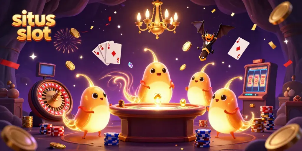 Experience situs slot excitement in a vibrant cave casino with glowing characters and dynamic gameplay elements.