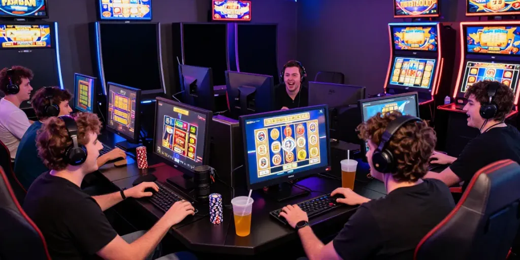 Excited players enjoying slot gacor games in a vibrant gaming setup.