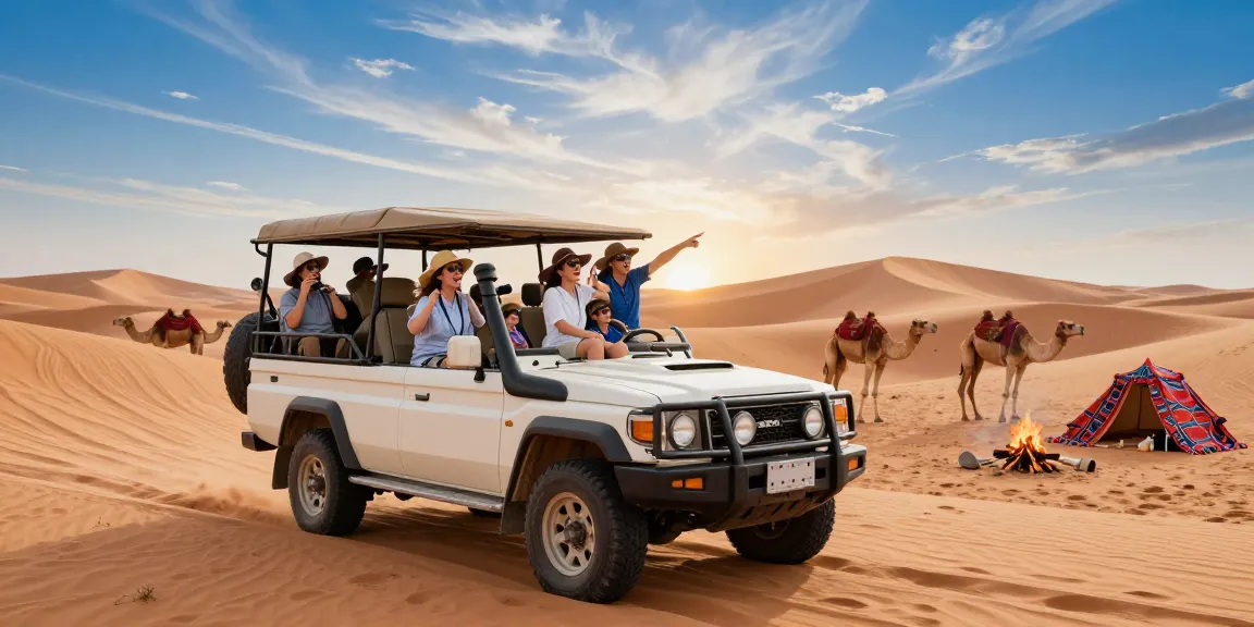 Joyful family enjoying a thrilling desert safari adventure with slot for camels in the golden sands.