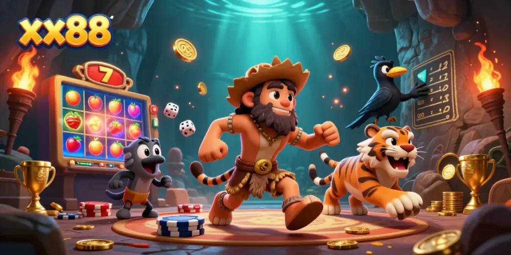 Experience the excitement of xx88 casino with vibrant characters engaging in thrilling games and vibrant elements.