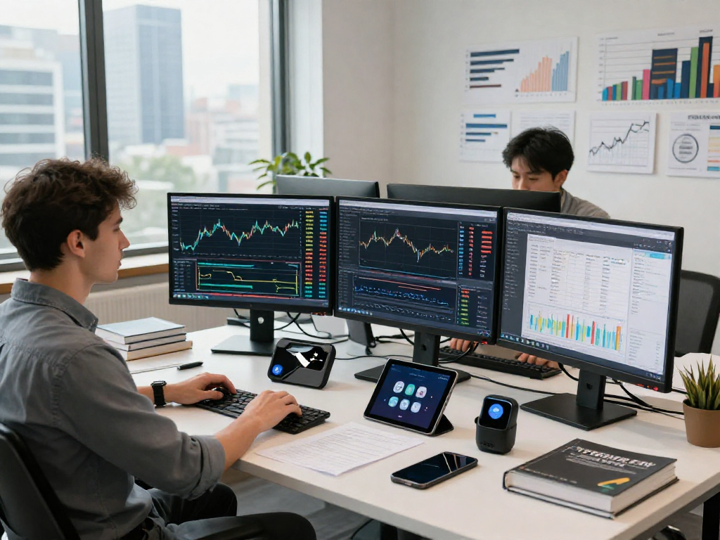 Real-time forex API development showcasing currency pair historical Kline API on monitors in a modern workspace.