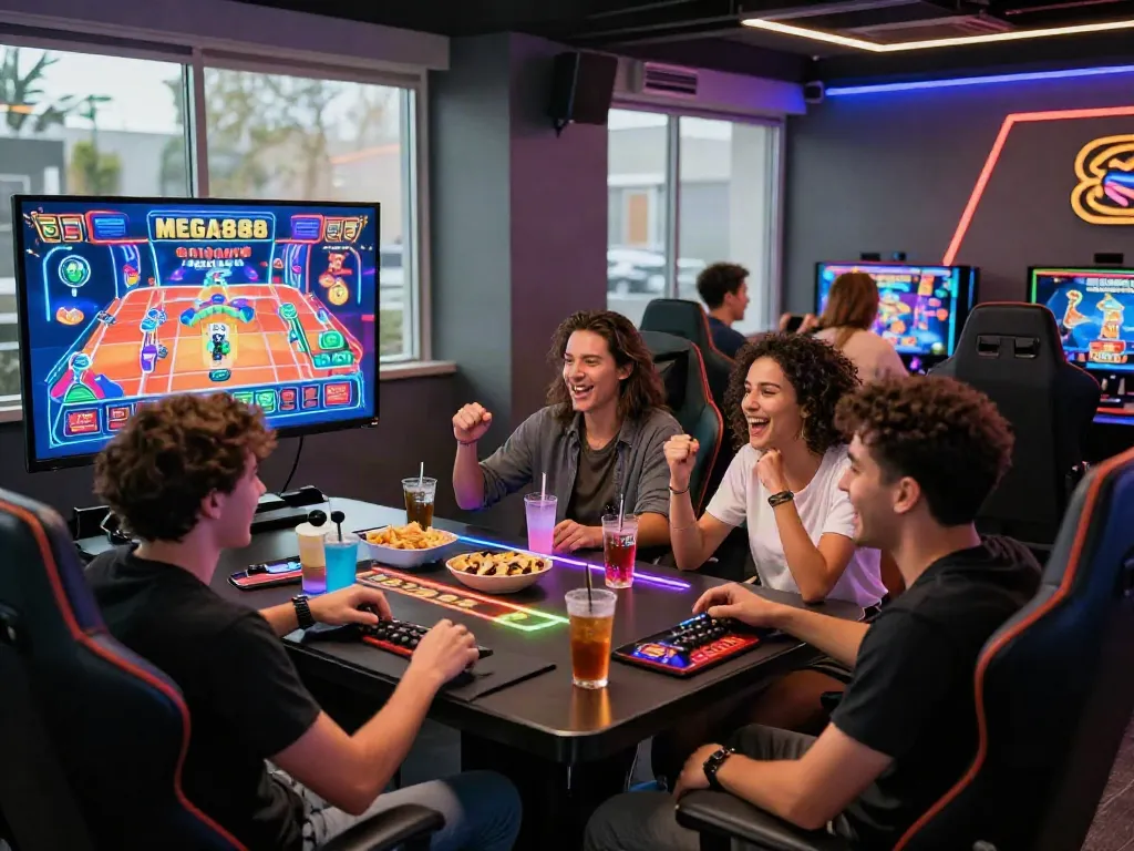 Friends enjoying MEGA888 games in a vibrant gaming room.