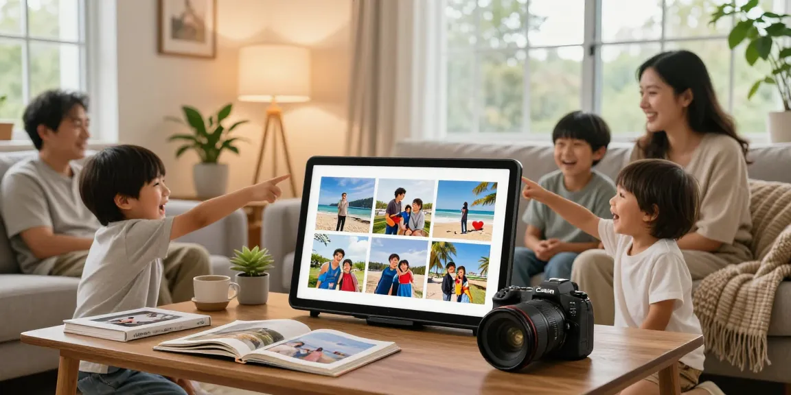 Personalized digital photo frame showcasing family memories in a cozy living room setting, capturing laughter and connection